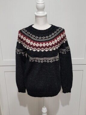 Weatherproof Vintage Women's Fair Isle Knit Gray Blk & Red Sweater | Size Large